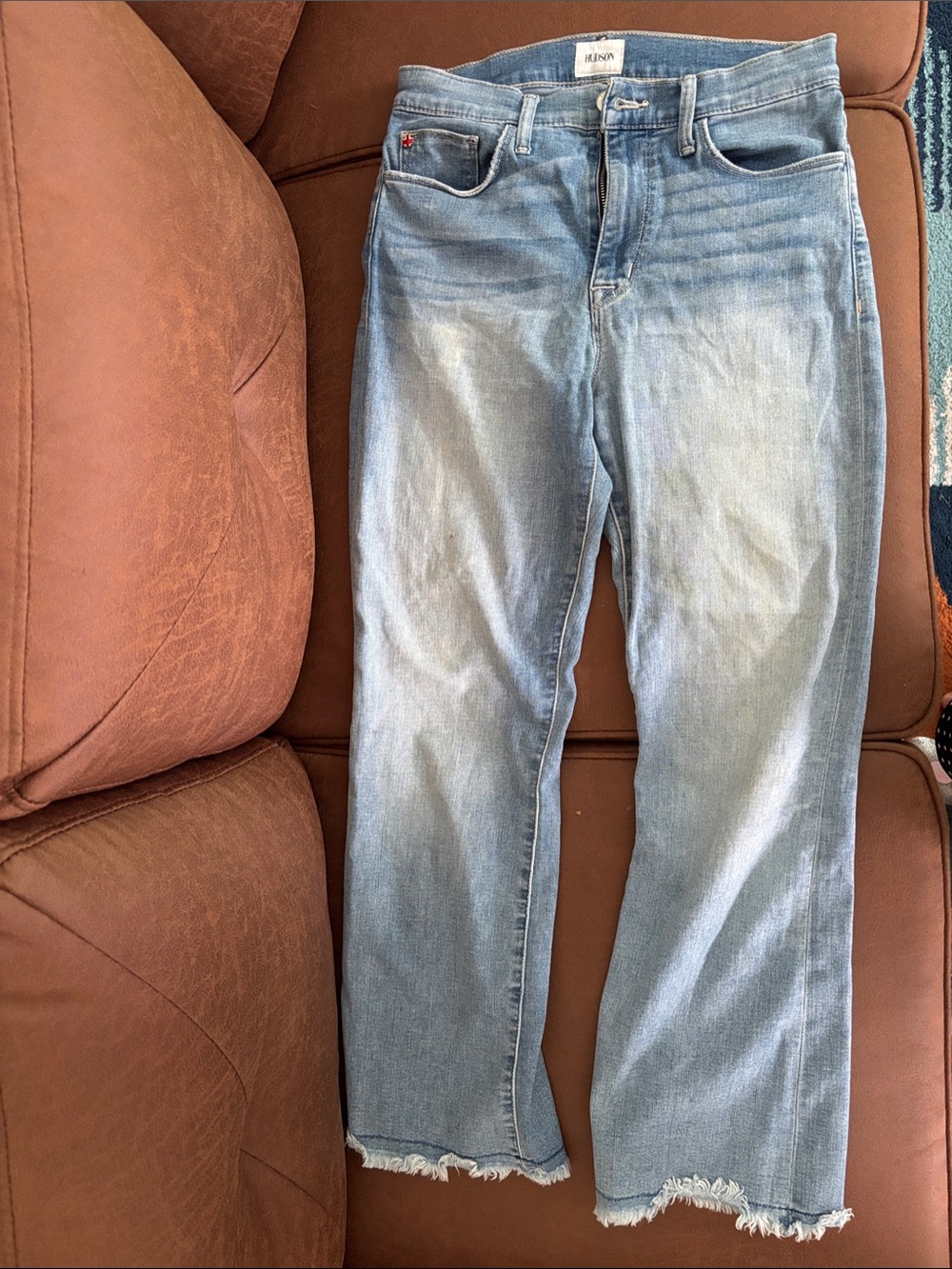 Hudson Light Wash Straight Jeans with Frayed Hem